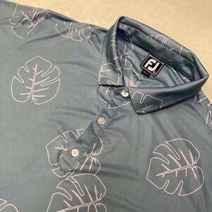 FootJoy FJ Blue Performance Golf Polo Shirt Men XL Tropical Monstera Leaf Print